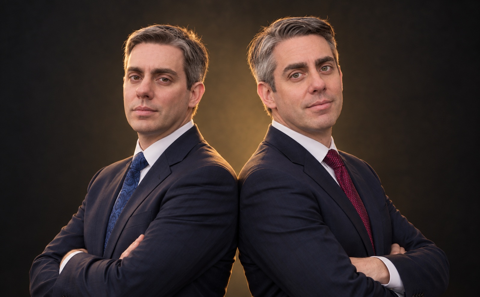 Ryan and Robert McNelis standing back-to-back in dark suits