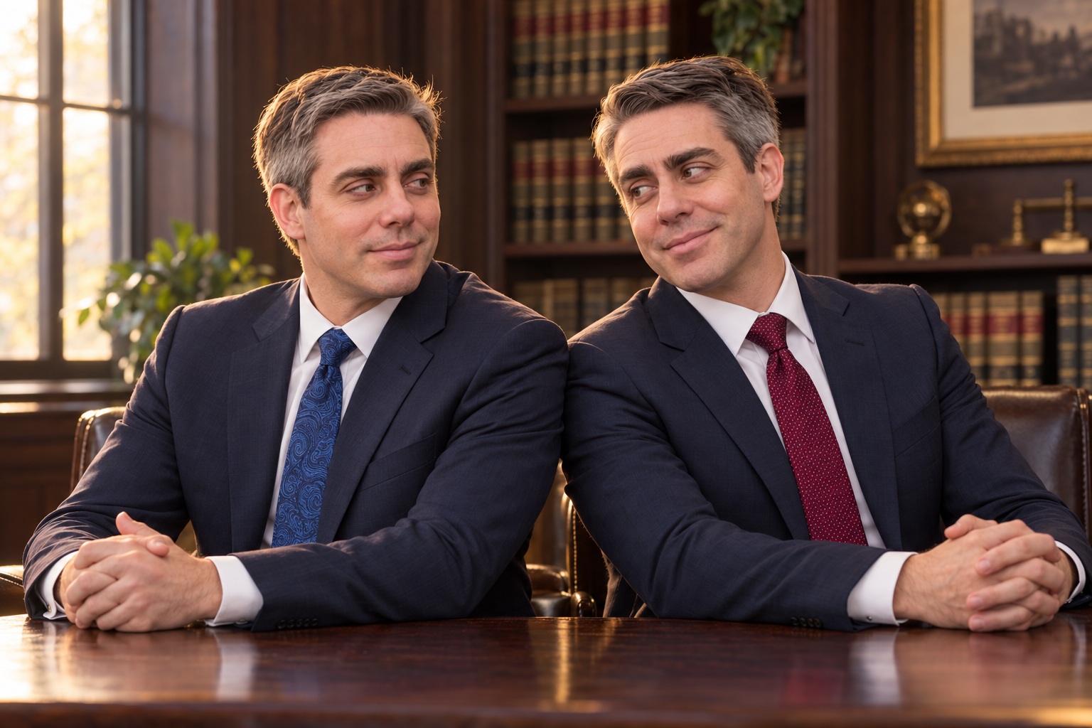 Ryan and Robert McNelis seated side by side, smiling at one another